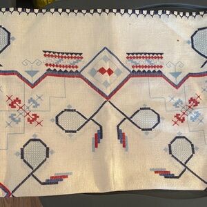 Vintage Handmade Embroidered Tablecloth with Blue and Red Accents